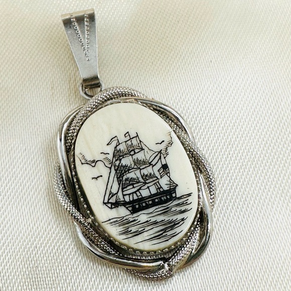 Jewelry - Vintage Schooner Scrimshaw Ship Pendant
